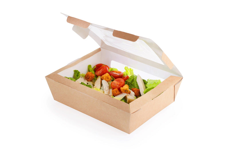 Eco Salad kartonkinen salaattirasia jossa ruokaa kansi auki, 600 ml, 150*115*50 mm, 25 kpl - HoReCatarvike.fi